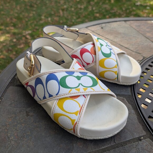 COACH Adora Rainbow Sandals Size 7 Leather White Multicolor Summer Vacation - Picture 1 of 6